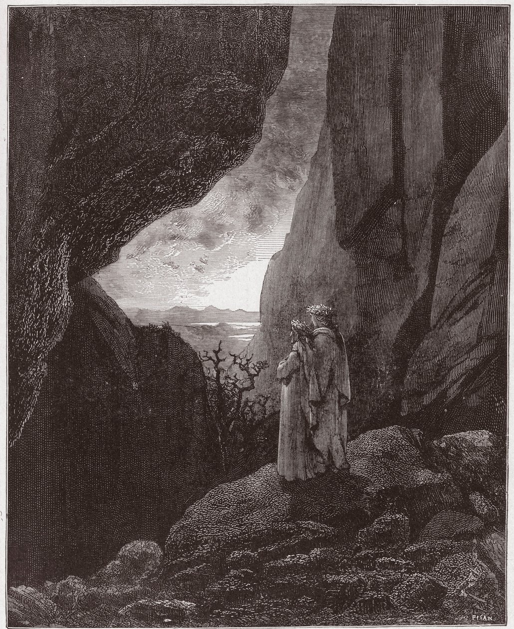 A Divina Comédia (La Divina Commedia, La Divina Comediante), Inferno, Canto 34: Virgílio e Dante ascendem ao mundo superior - por Dante Alighieri (1265-1321) - Ilustração de Gustave Dore (1832-1883) de Gustave Dore