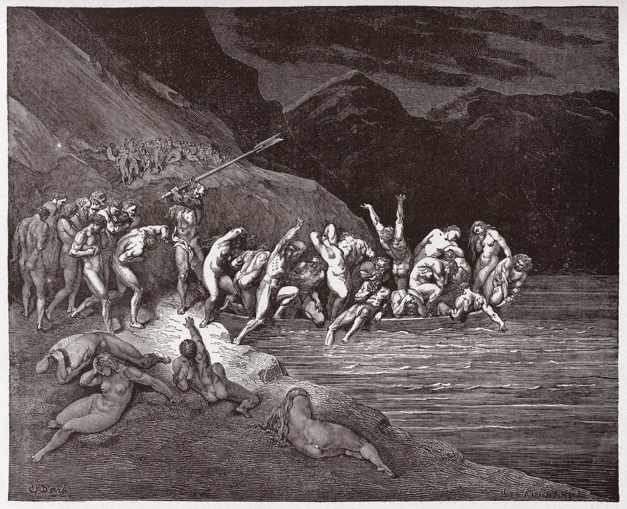 A Divina Comédia (La Divina Commedia, La Divina Comédia), Inferno, Canto 3: As almas condenadas embarcando para atravessar o Acheron - por Dante Alighieri (1265-1321) - Ilustração por Gustave Dore (1832-1883) de Gustave Dore