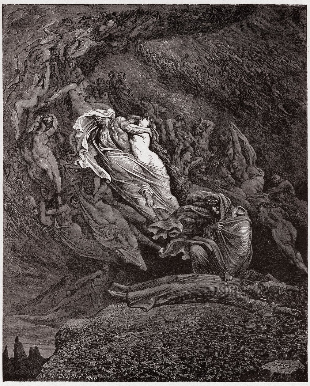 A Divina Comédia (La Divina Commedia, La Divina Comédia), Inferno, Canto 5: Francesca descreve sua morte - por Dante Alighieri (1265-1321) - Ilustração de Gustave Dore (1832-1883) de Gustave Dore