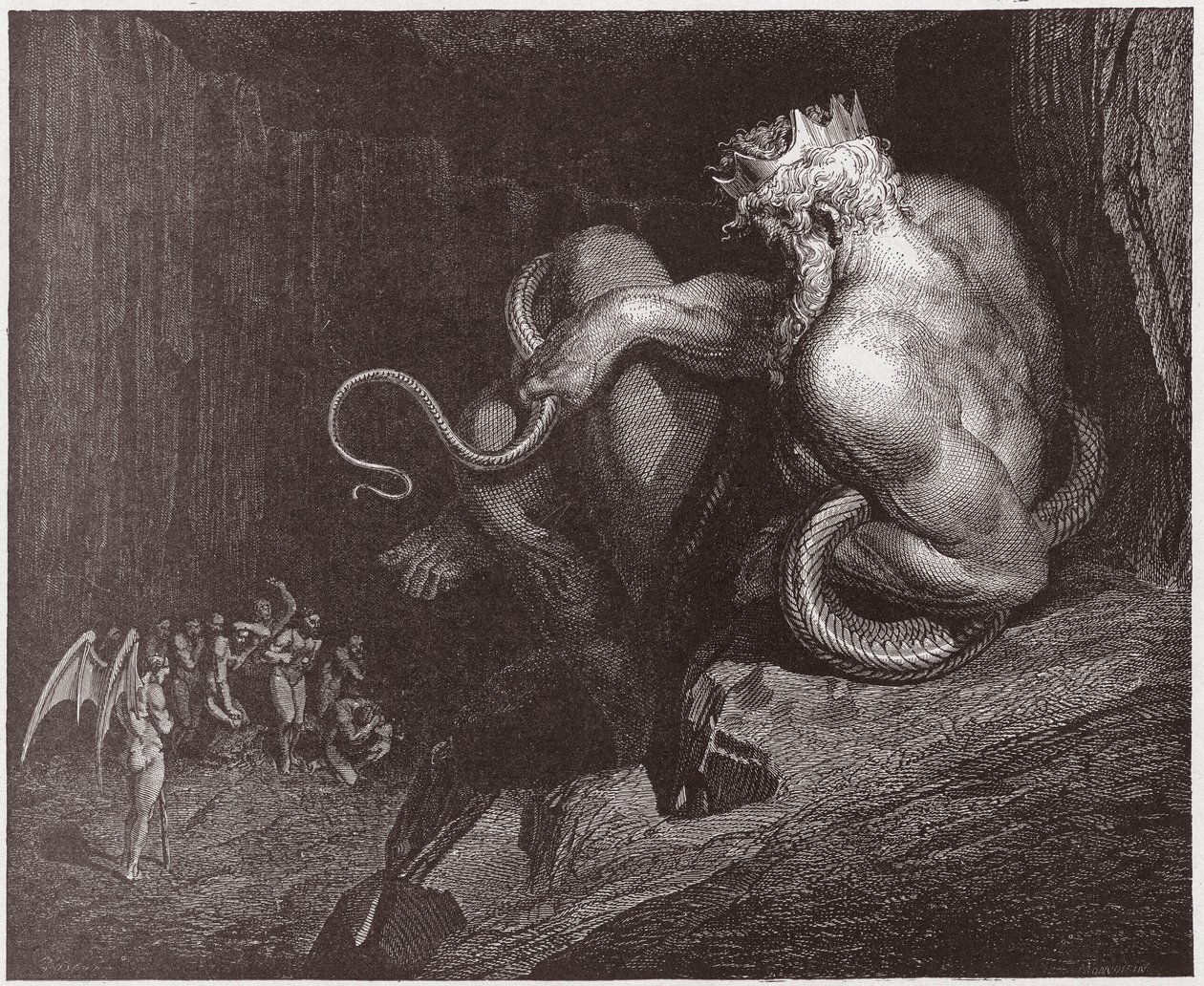 A Divina Comédia (La Divina Commedia, La Divina Comédia), Inferno, Canto 5: Minos julga as transgressões e despacha as almas - por Dante Alighieri (1265-1321) - Ilustração de Gustave Dore (1832-1883) de Gustave Dore