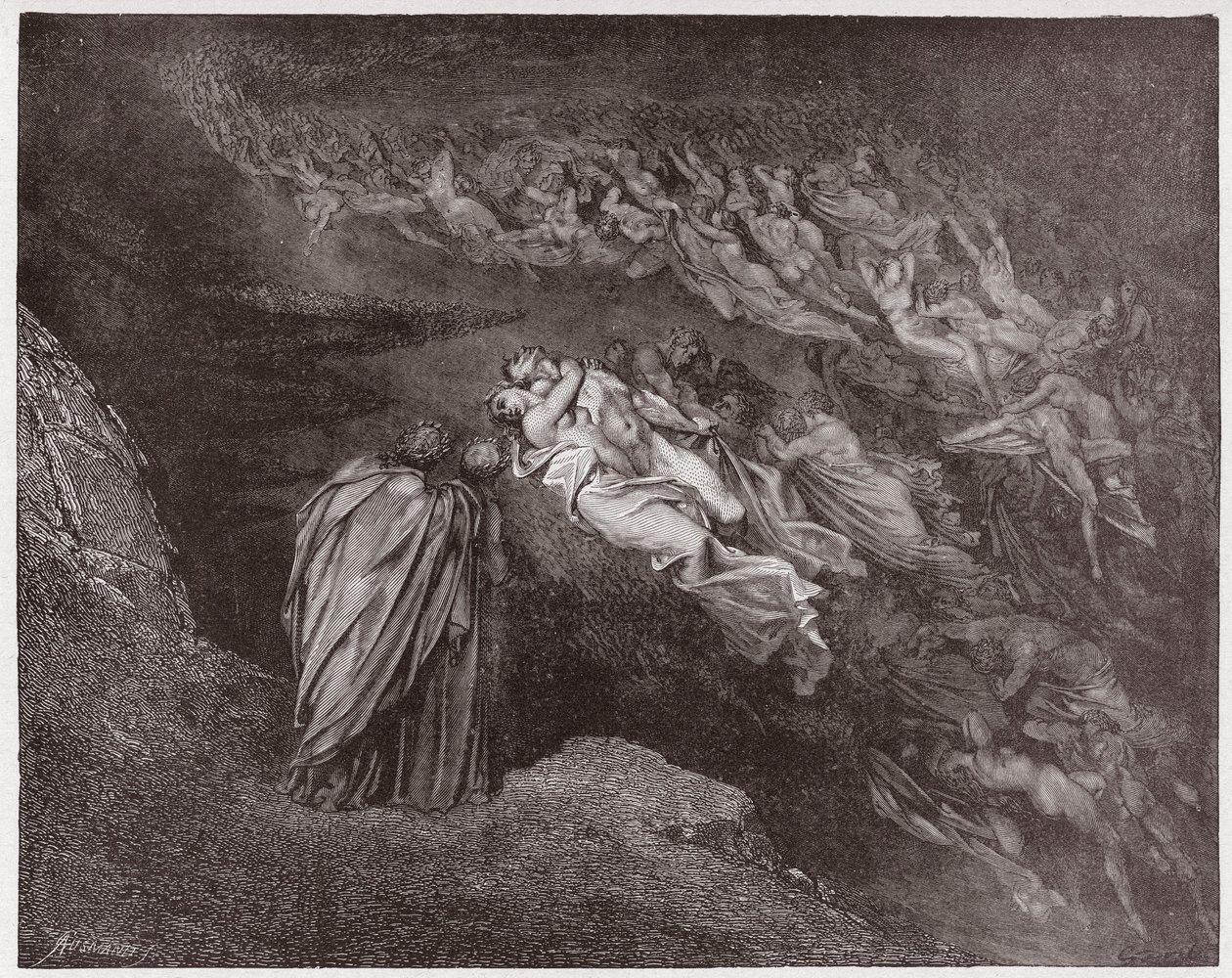 A Divina Comédia (La Divina Commedia, La Divina Comédia), Inferno, Canto 5: A alma de Francesca fala a Dante - por Dante Alighieri (1265-1321) - Ilustração de Gustave Dore (1832-1883) de Gustave Dore