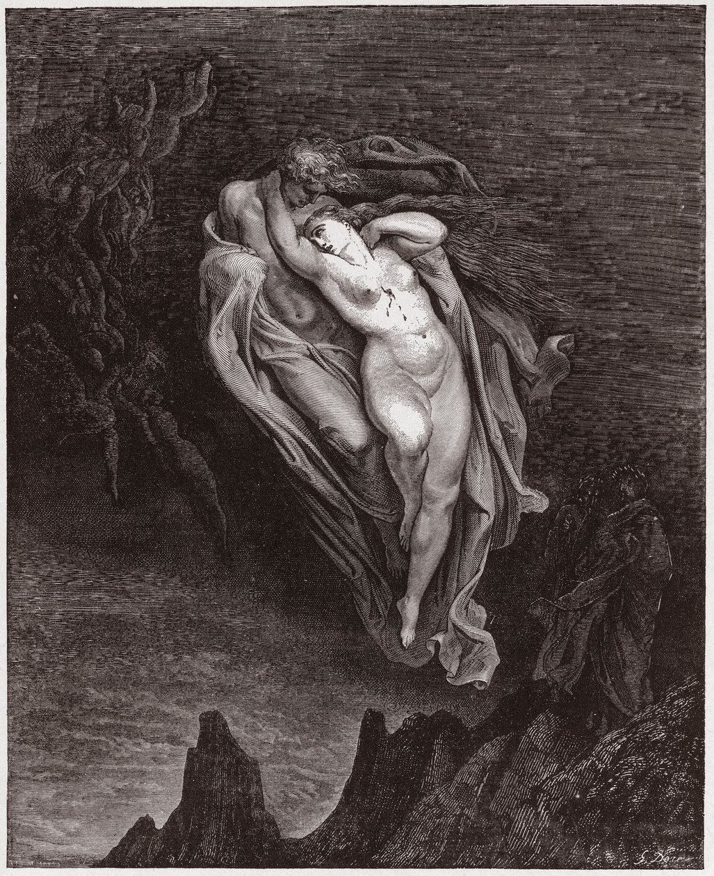 A Divina Comédia (La Divina Commedia, La Divina Comédia), Inferno, Canto 5: As almas de Paolo e Francesca - de Dante Alighieri (1265-1321) - Ilustração de Gustave Dore (1832-1883) de Gustave Dore