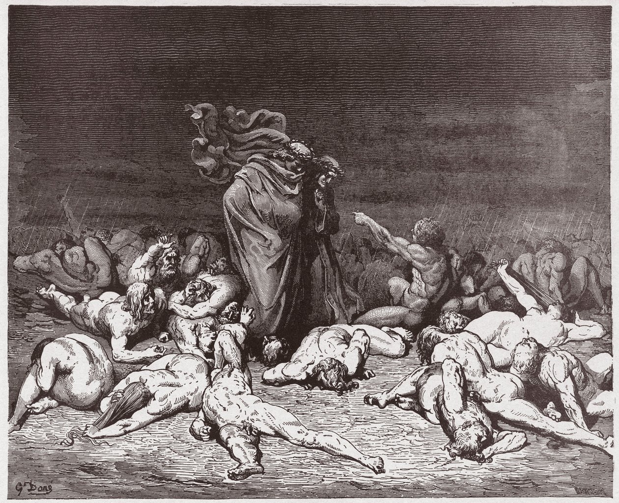 A Divina Comédia (La Divina Commedia, La Divina Comédia), Inferno, Canto 6: Os glutões espancados pela chuva eterna - por Dante Alighieri (1265-1321) - Ilustração de Gustave Dore (1832-1883) de Gustave Dore