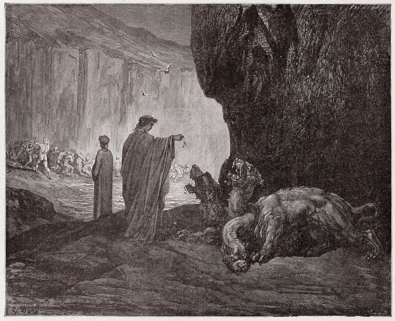 A Divina Comédia (La Divina Commedia, La Divina Comédia), Inferno, Canto 6: Virgílio alimenta Cerberus no terceiro círculo - por Dante Alighieri (1265-1321) - Ilustração de Gustave Dore (1832-1883) de Gustave Dore