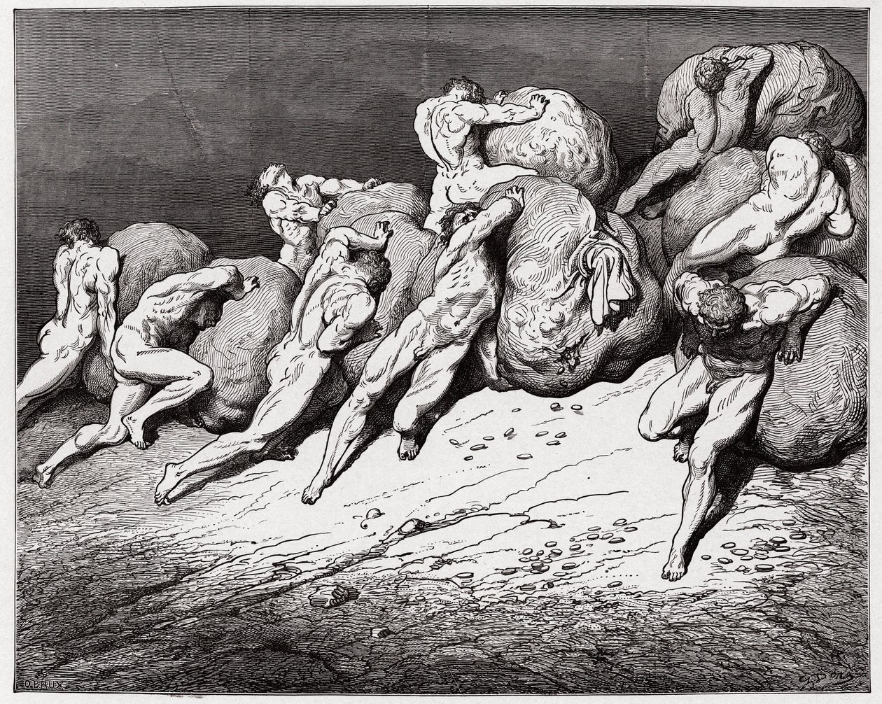 A Divina Comédia (La Divina Commedia, La Divina Comédia), Inferno, Canto 7: As almas dos avarentos e dos pródigos obrigados a rolar pedras pesadas - por Dante Alighieri (1265-1321) - Ilustração de Gustave Dore (1832-1883) de Gustave Dore