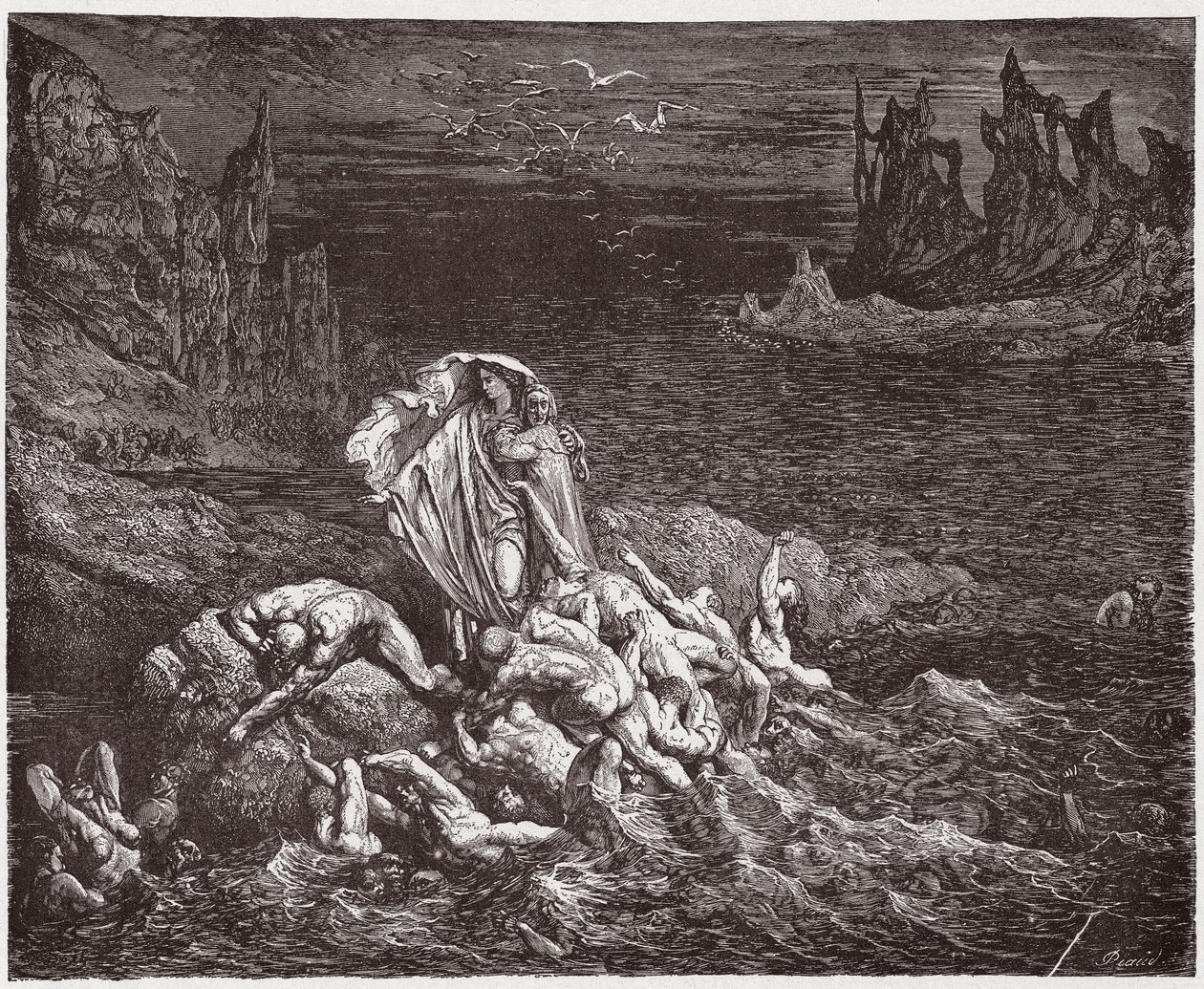A Divina Comédia (La Divina Commedia, La Divina Comédia), Inferno, Canto 7: Virgílio mostra a Dante as almas dos irados no Estige - por Dante Alighieri (1265-1321) - Ilustração de Gustave Dore (1832-1883) de Gustave Dore