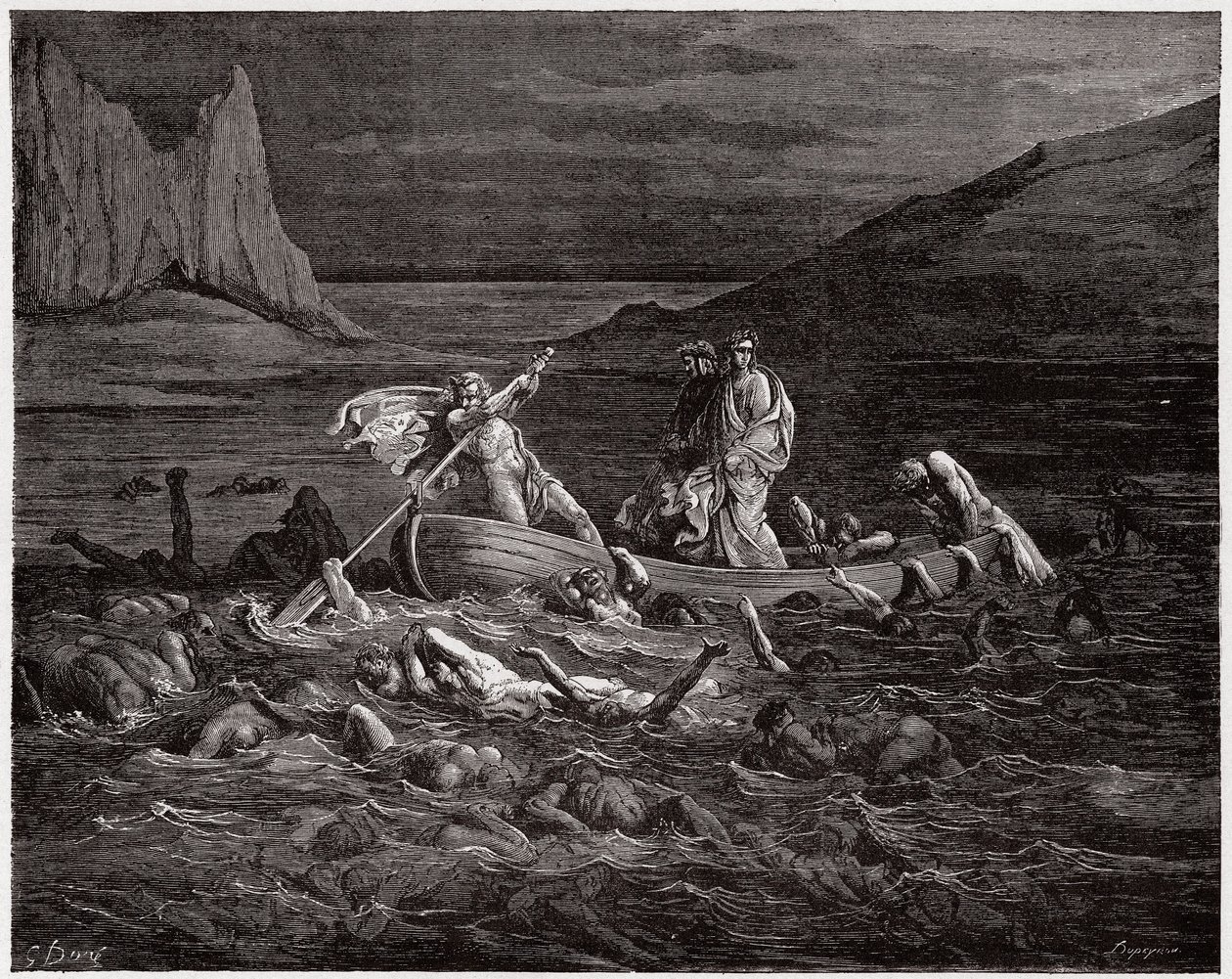 A Divina Comédia (La Divina Commedia, La Divina Comedie), Inferno, Canto 8: Phlegyas ferries Dante e Virgil através do Styx - por Dante Alighieri (1265-1321) - Ilustração por Gustave Dore (1832-1883) de Gustave Dore