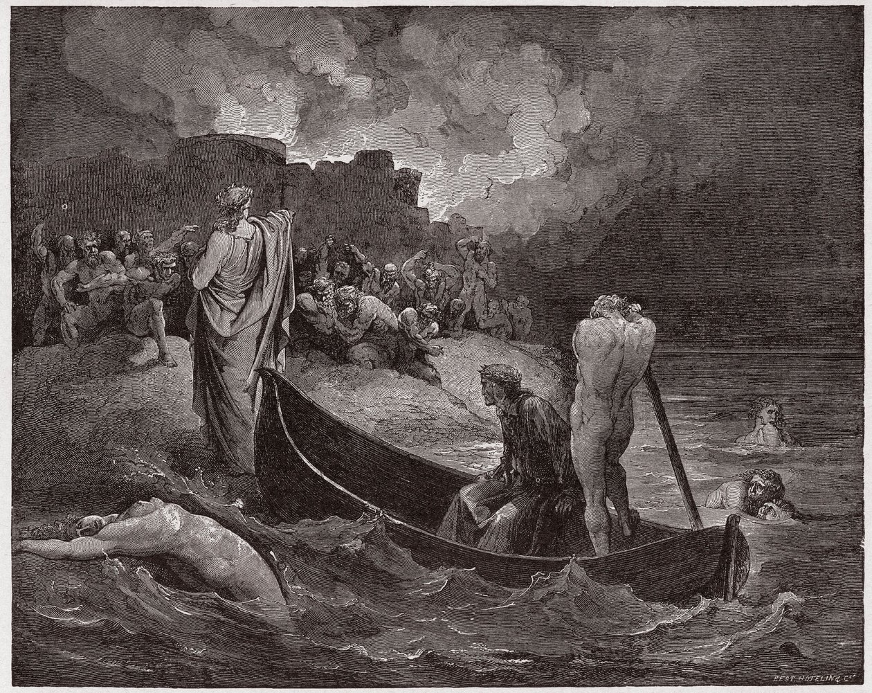 A Divina Comédia (La Divina Commedia, La Divina Comédia), Inferno, Canto 8: Virgil e Dante desembarcam na cidadela de Dis - por Dante Alighieri (1265-1321) - Ilustração de Gustave Dore (1832-1883) de Gustave Dore