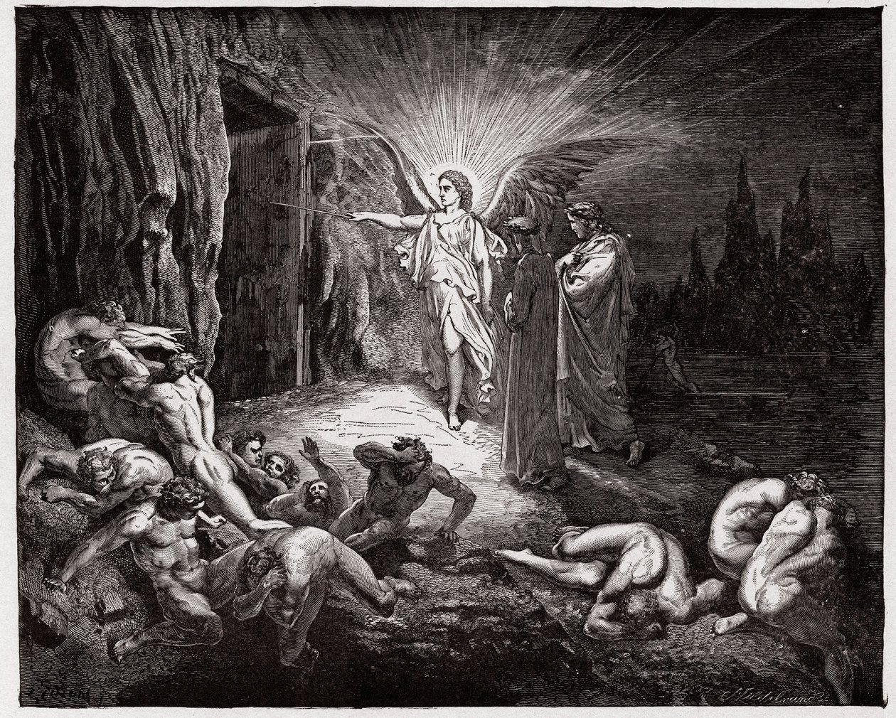 A Divina Comédia (La Divina Commedia, La Divina Comédia), Inferno, Canto 9: O anjo abre as portas - por Dante Alighieri (1265-1321) - Ilustração de Gustave Dore (1832-1883) de Gustave Dore