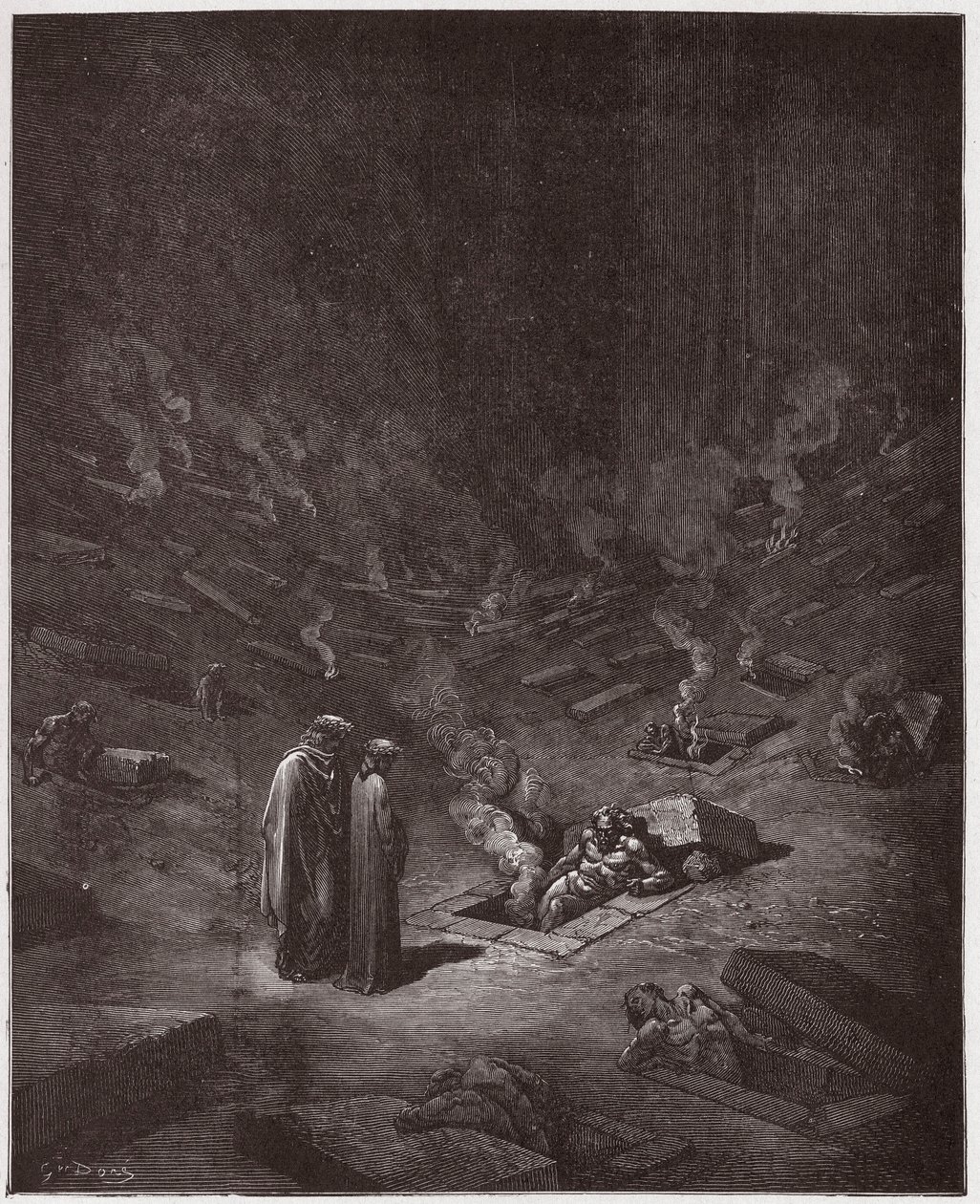A Divina Comédia (La Divina Commedia, La Divina Comédia), Inferno, Canto 9: Os sepulcros ardentes dos heresias - por Dante Alighieri (1265-1321) - Ilustração de Gustave Dore (1832-1883) de Gustave Dore