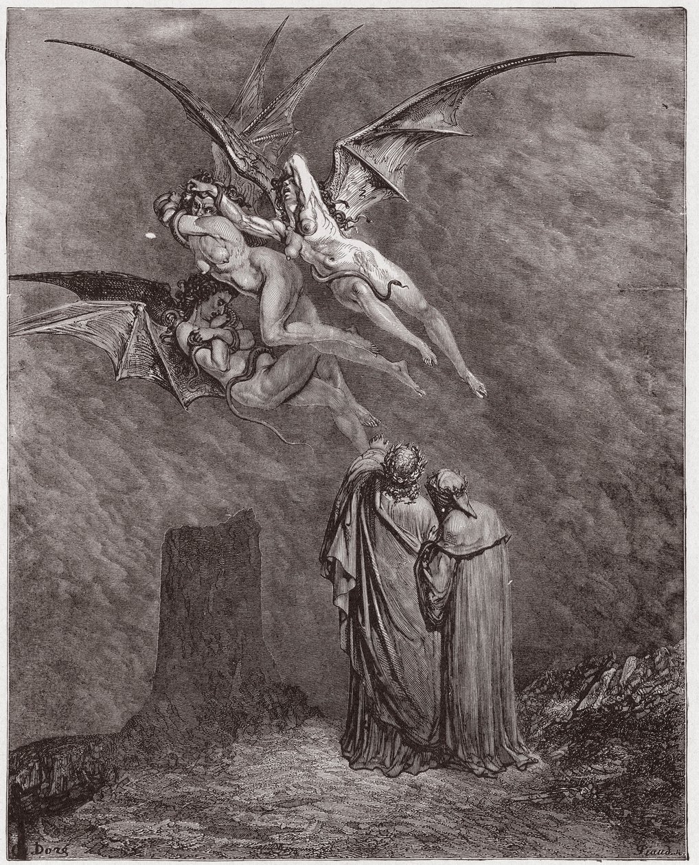 A Divina Comédia (La Divina Commedia, La Divina Comediante), Inferno, Canto 9: O horrível Erinyes: Megaera, Tisfone, Alecto - de Dante Alighieri (1265-1321) - Ilustração de Gustave Dore (1832-1883) de Gustave Dore