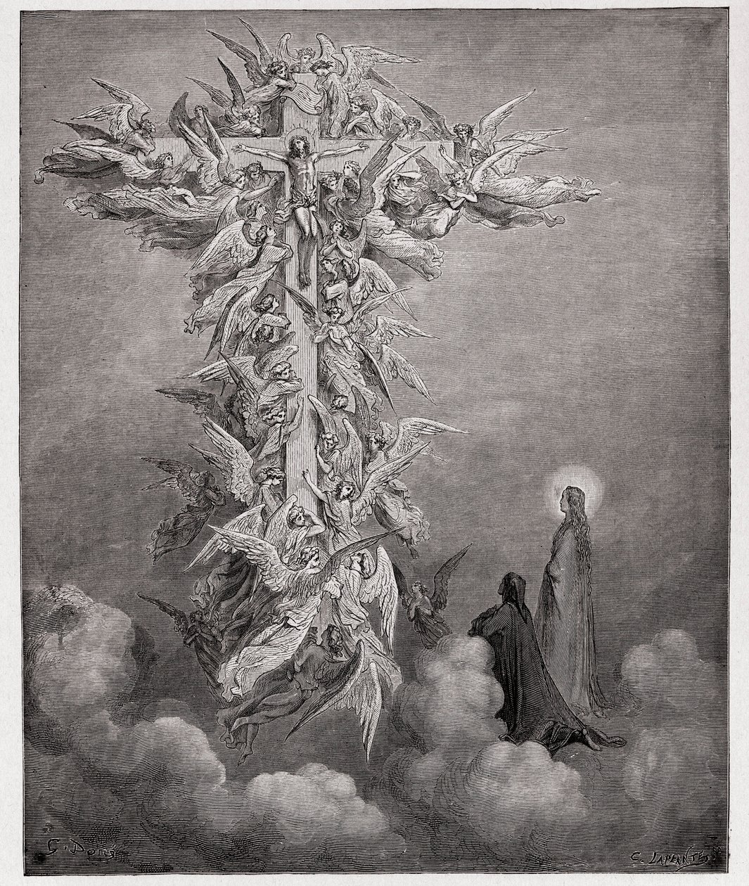 A Divina Comédia (La Divina Commedia, La Divina Comédia), Paradiso, Canto 14: Dante e Beatriz vêem os anjos com Cristo na cruz - por Dante Alighieri (1265-1321) - Ilustração de Gustave Dore (1832-1883) de Gustave Dore