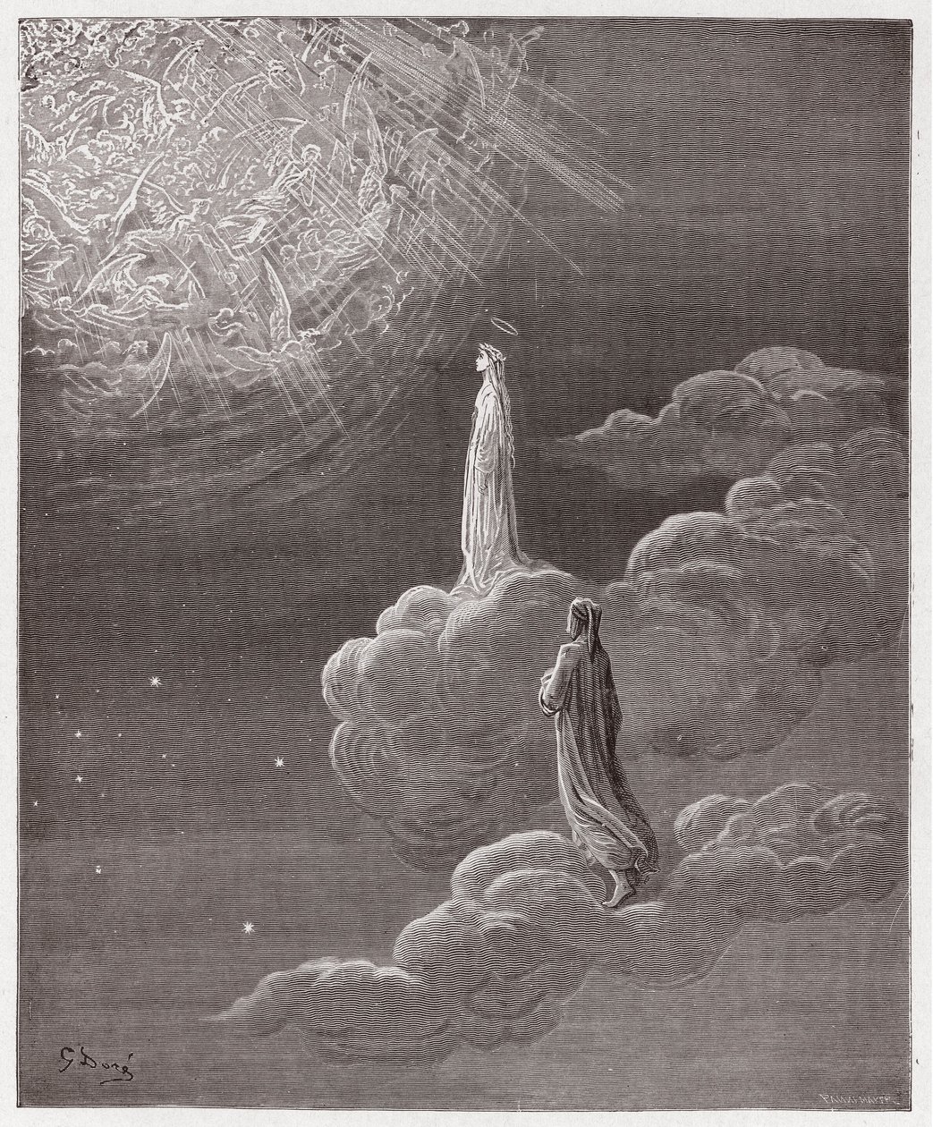 A Divina Comédia (La Divina Commedia, La Divina Comédia), Paradiso, Canto 14: Dante e Beatrice traduzidos para a esfera de Marte - por Dante Alighieri (1265-1321) - Ilustração de Gustave Dore (1832-1883) de Gustave Dore