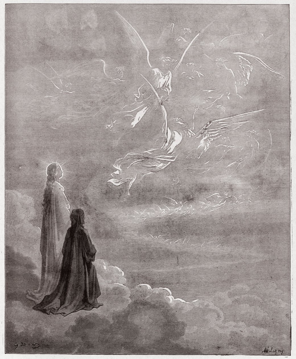 A Divina Comédia (La Divina Commedia, La Divina Comédia), Paradiso, Canto 18: Dante e Beatrice traduzidos para a esfera de Júpiter - por Dante Alighieri (1265-1321) - Ilustração de Gustave Dore (1832-1883) de Gustave Dore