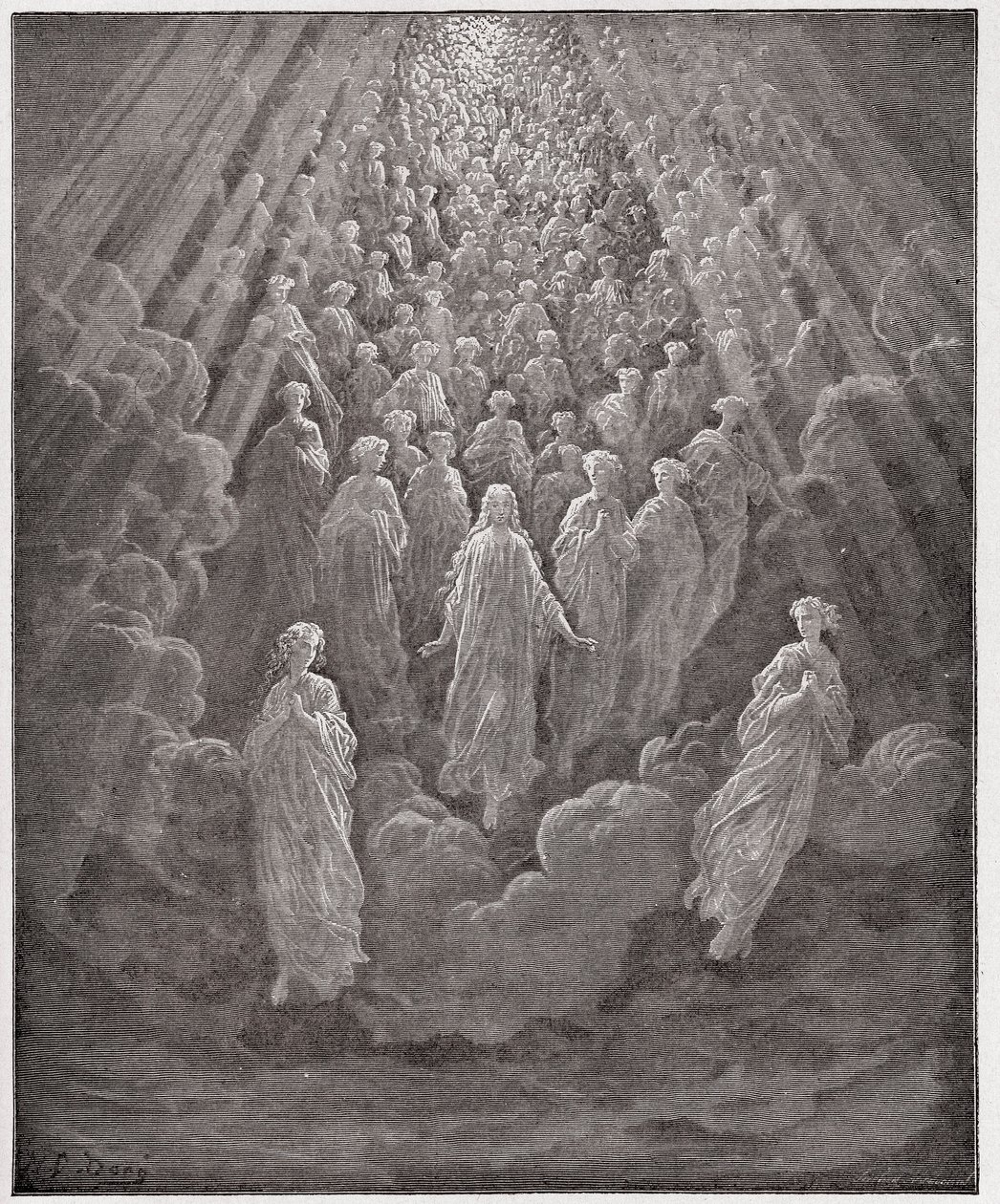 A Divina Comédia (La Divina Commedia, La Divina Comedie), Paradiso, Canto 5: O hospedeiro de miríades de almas brilhantes no segundo reino - por Dante Alighieri (1265-1321) - Ilustração por Gustave Dore (1832-1883) de Gustave Dore