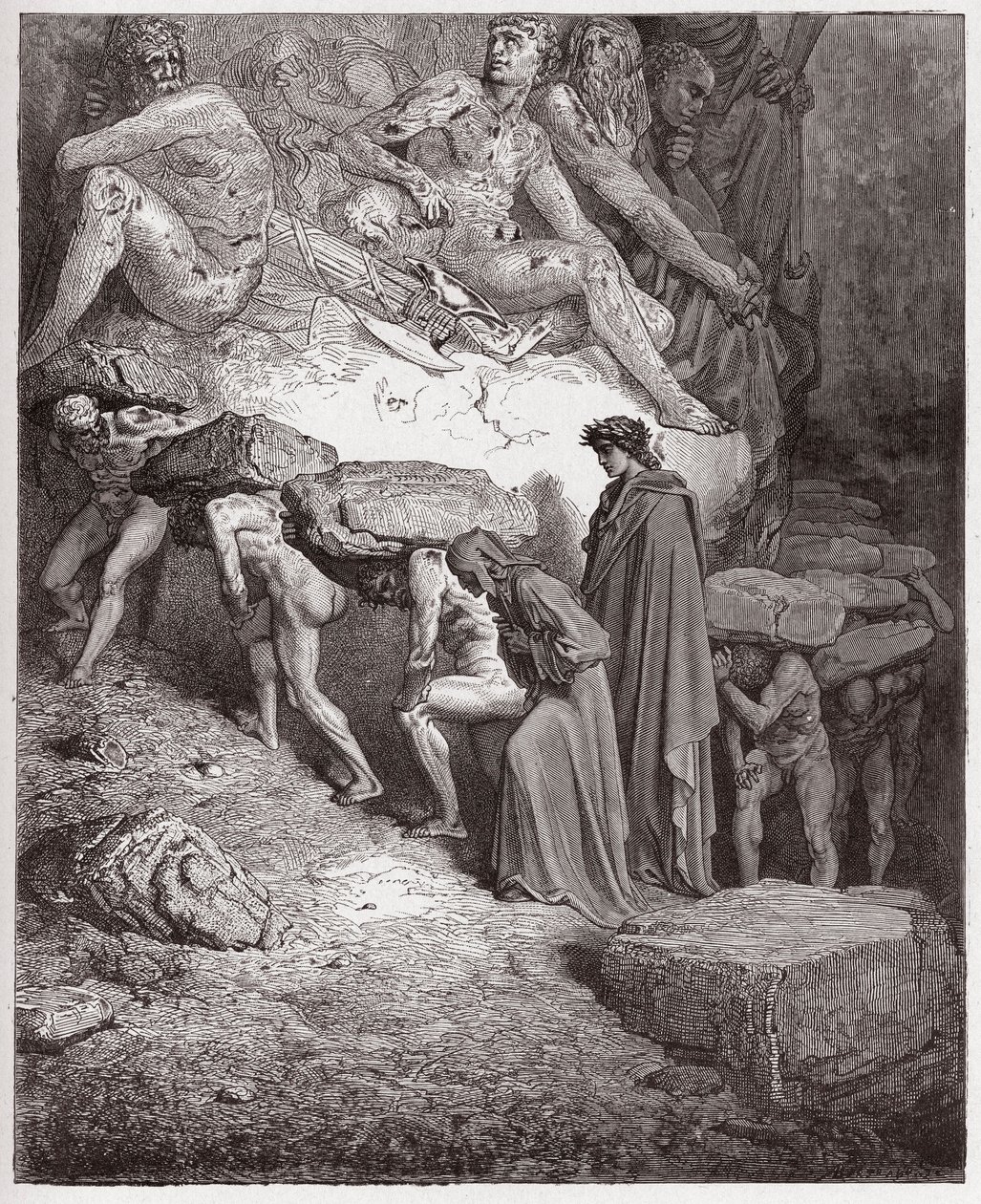 A Divina Comédia (La Divina Commedia, La Divina Comédia), Purgatorio, Canto 11: As almas dos orgulhosos, carregando pedras pesadas - por Dante Alighieri (1265-1321) - Ilustração de Gustave Dore (1832-1883) de Gustave Dore