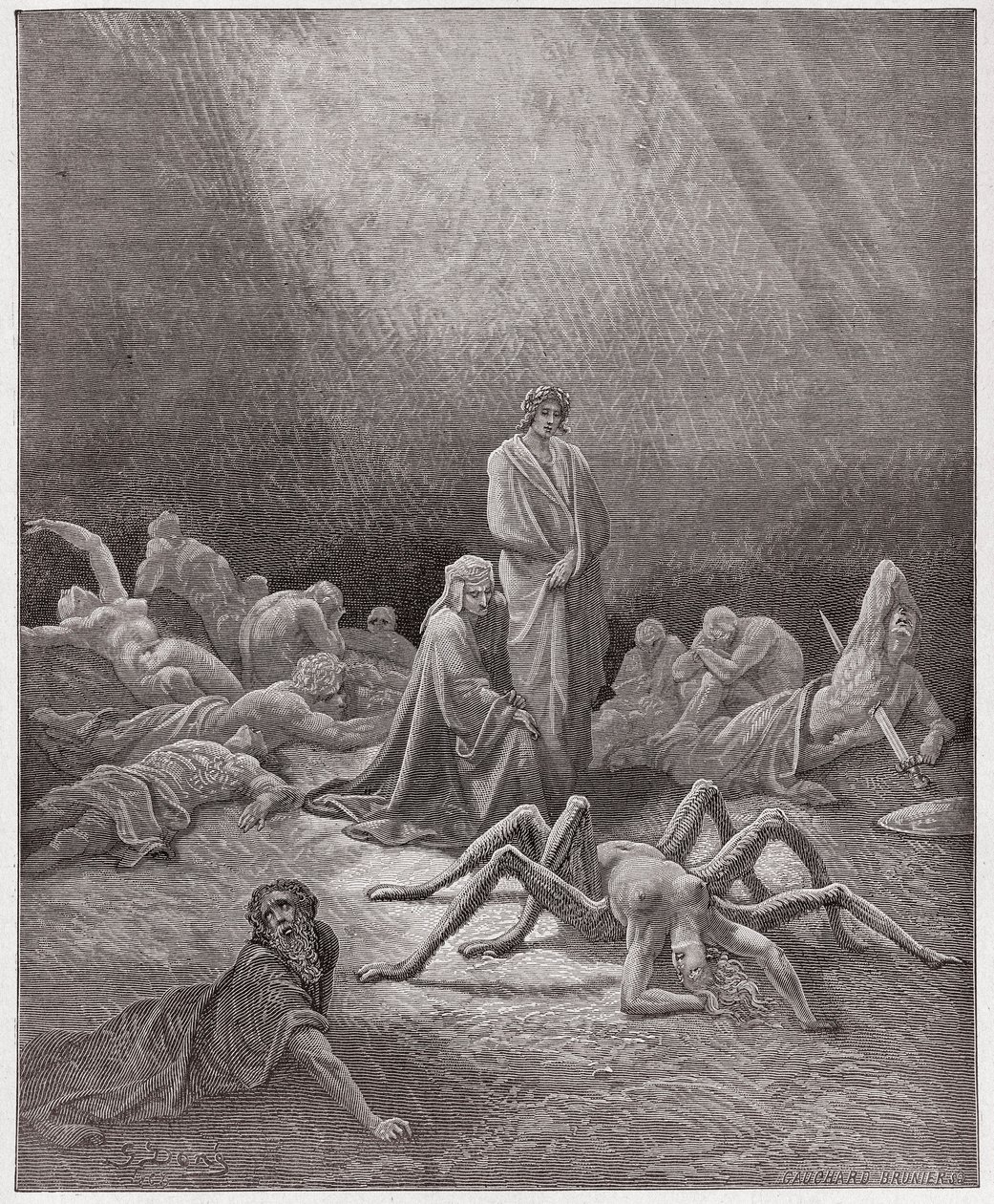 A Divina Comédia (La Divina Commedia, La Divina Comédia), Purgatorio, Canto 12: Dante vê a alma de Arachne - por Dante Alighieri (1265-1321) - Ilustração de Gustave Dore (1832-1883) de Gustave Dore