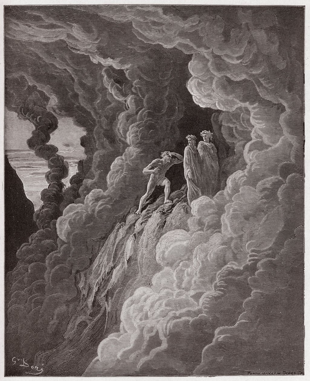 A Divina Comédia (La Divina Commedia, La Divina Comédia), Purgatorio, Canto 16: Marco Lombardo segue os poetas através da fumaça - por Dante Alighieri (1265-1321) - Ilustração por Gustave Dore (1832-1883) de Gustave Dore