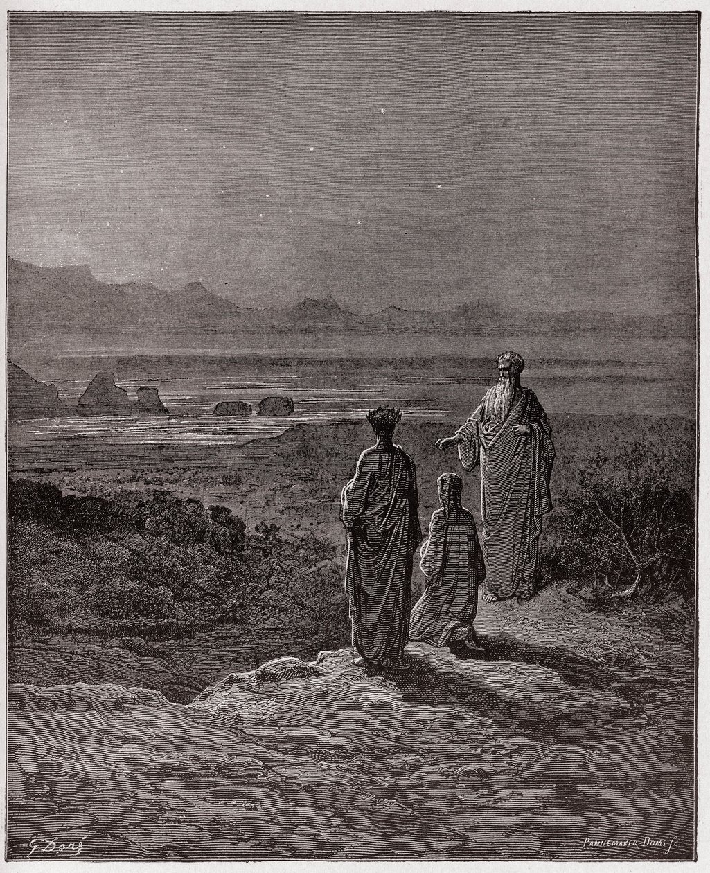 A Divina Comédia (La Divina Commedia, La Divina Comedie), Purgatorio, Canto 1: Dante ajoelha-se perante Statius - de Dante Alighieri (1265-1321) - Ilustração de Gustave Dore (1832-1883) de Gustave Dore
