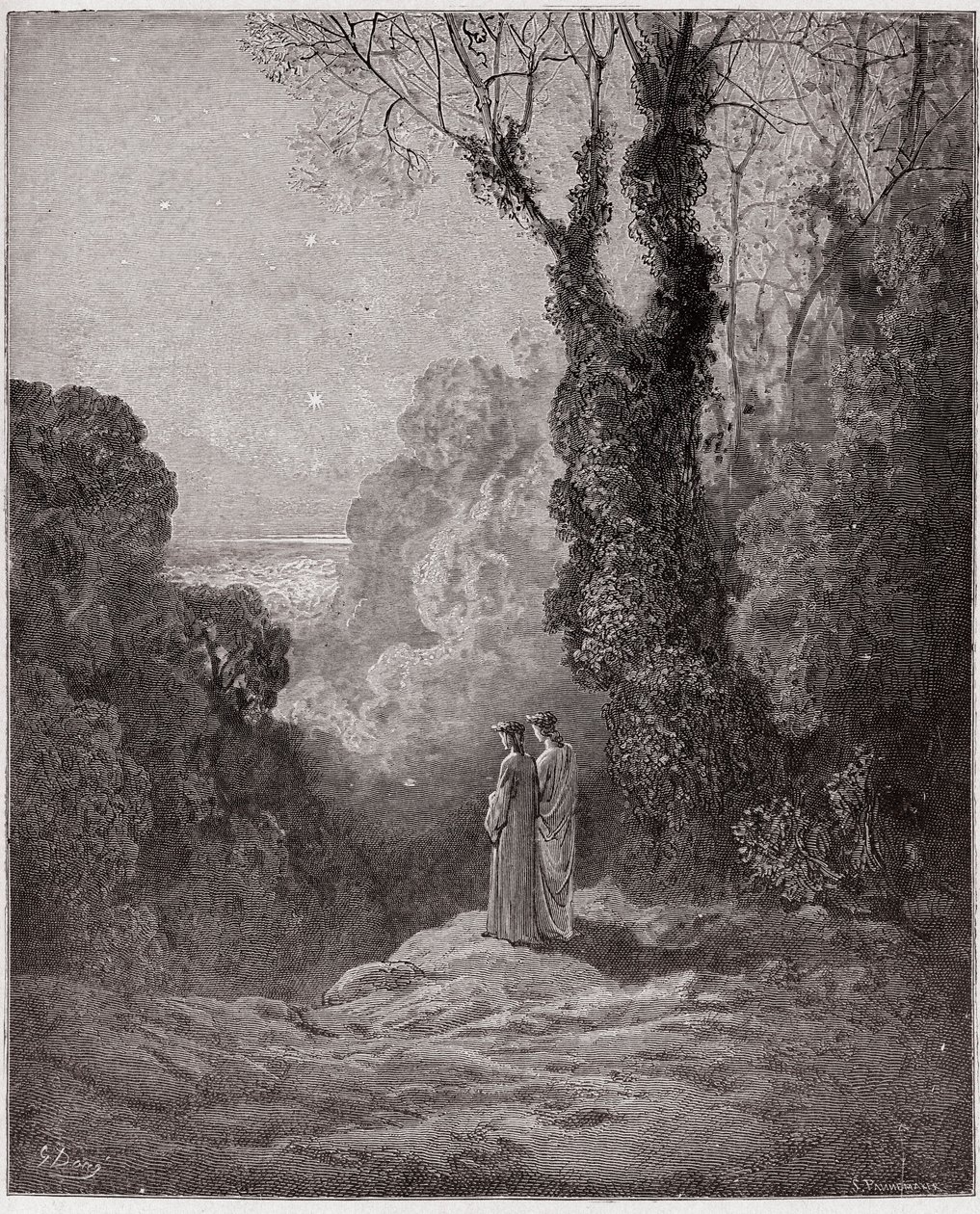 A Divina Comédia (La Divina Commedia, La Divina Comédia), Purgatorio, Canto 1: Os poetas contemplam a beleza de Vénus no céu da manhã - por Dante Alighieri (1265-1321) - Ilustração de Gustave Dore (1832-1883) de Gustave Dore
