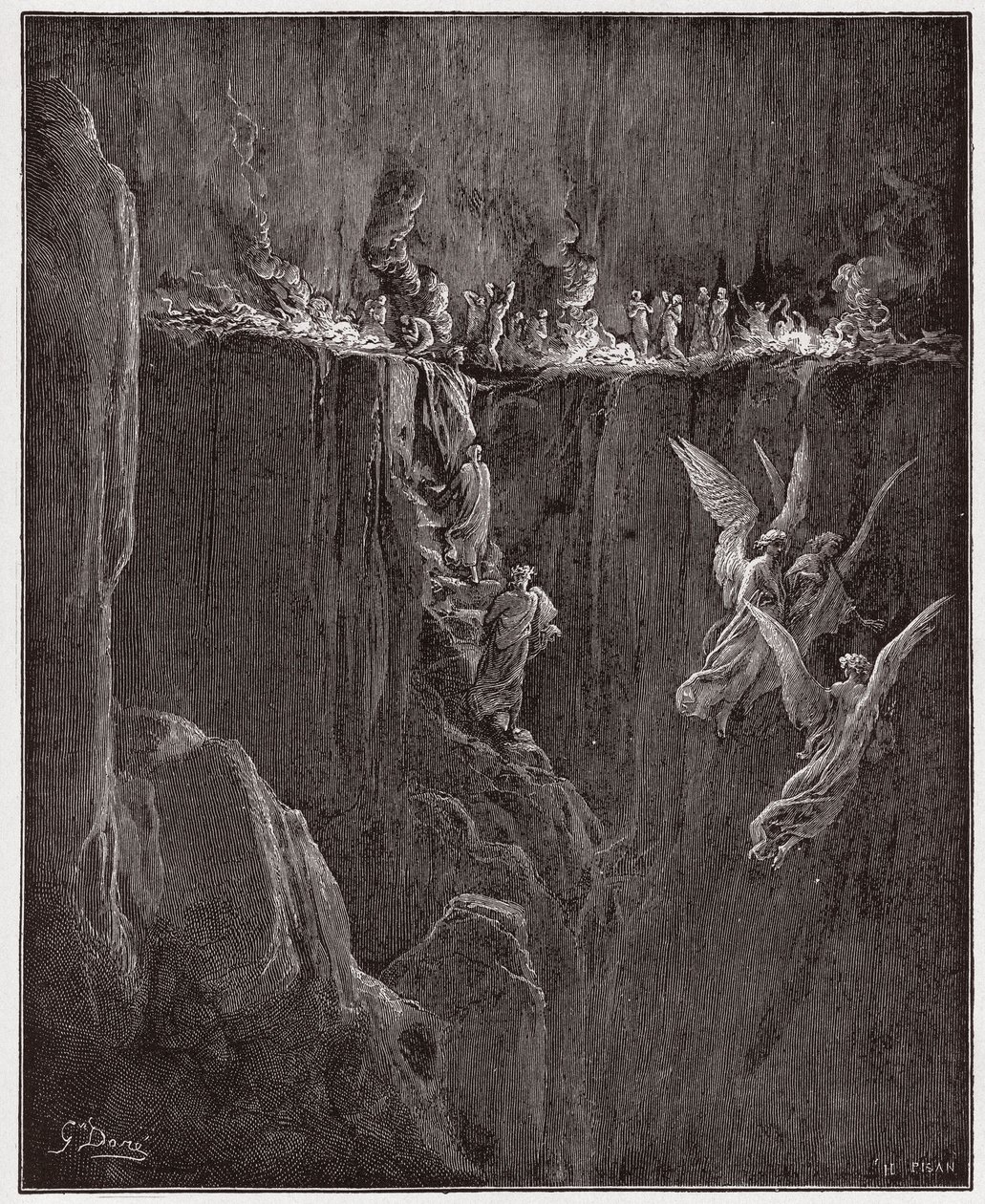 A Divina Comédia (La Divina Commedia, La Divina Comédia), Purgatorio, Canto 25: Virgil e Dante ascendem ao sétimo círculo através das chamas - por Dante Alighieri (1265-1321) - Ilustração de Gustave Dore (1832-1883) de Gustave Dore