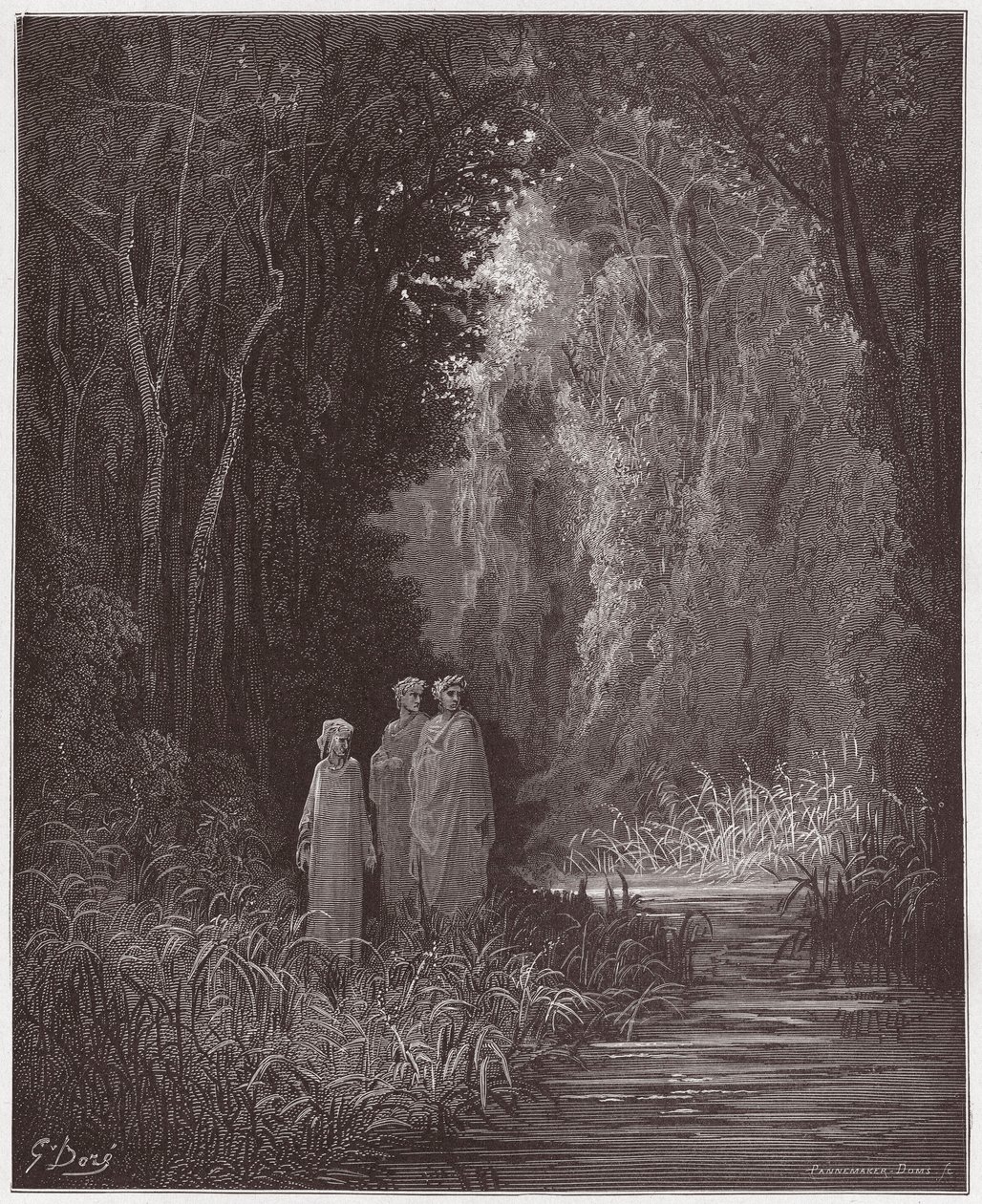A Divina Comédia (La Divina Commedia, La Divina Comédia), Purgatorio, Canto 28: Dante, Virgil e Statius na antiga floresta do paraíso terrestre - por Dante Alighieri (1265-1321) - Ilustração de Gustave Dore (1832-1883) de Gustave Dore