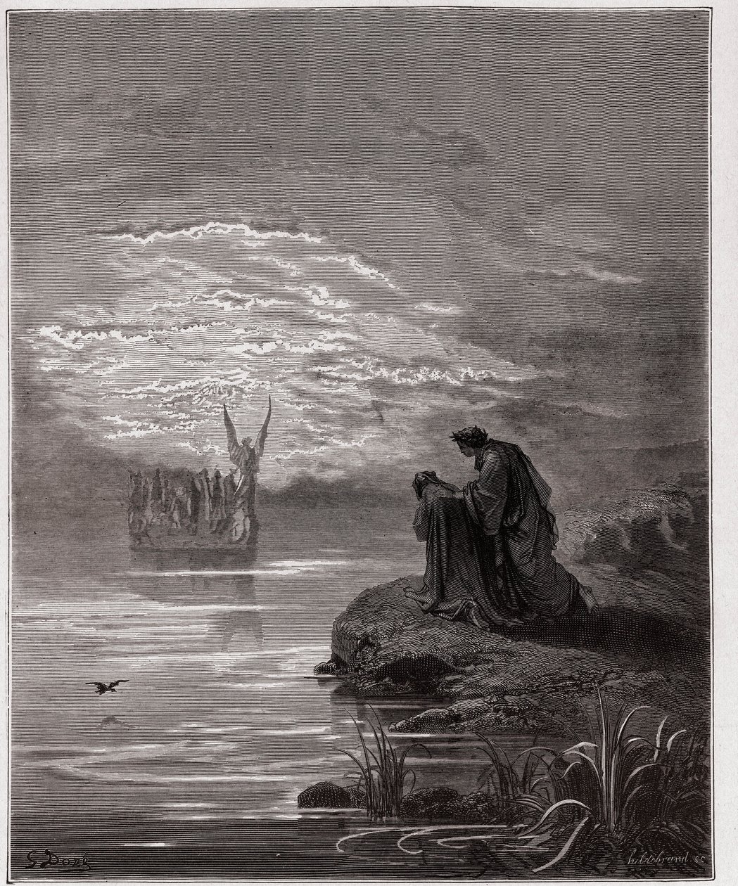 A Divina Comédia (La Divina Commedia, La Divina Comédia), Purgatorio, Canto 2: Dante se curva diante do anjo piloto - por Dante Alighieri (1265-1321) - Ilustração por Gustave Dore (1832-1883) de Gustave Dore