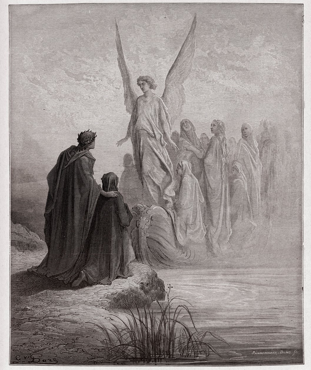 The Divine Comedy (La Divina Commedia, La Divine Comedie), Purgatorio, Canto 2: O piloto celeste aterra o barco - por Dante Alighieri (1265-1321) - Ilustração por Gustave Dore (1832-1883) de Gustave Dore