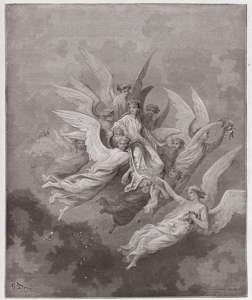 A Divina Comédia (La Divina Commedia, La Divina Comédia), Purgatorio, Canto 30: Beatriz entre os anjos - por Dante Alighieri (1265-1321) - Ilustração por Gustave Dore (1832-1883) de Gustave Dore