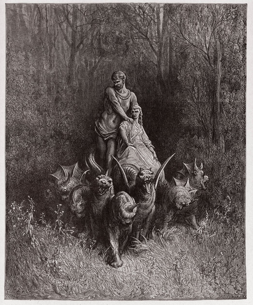 A Divina Comédia (La Divina Commedia, La Divina Comédia), Purgatorio, Canto 32: O gigante e a prostituta na carruagem - por Dante Alighieri (1265-1321) - Ilustração de Gustave Dore (1832-1883) de Gustave Dore