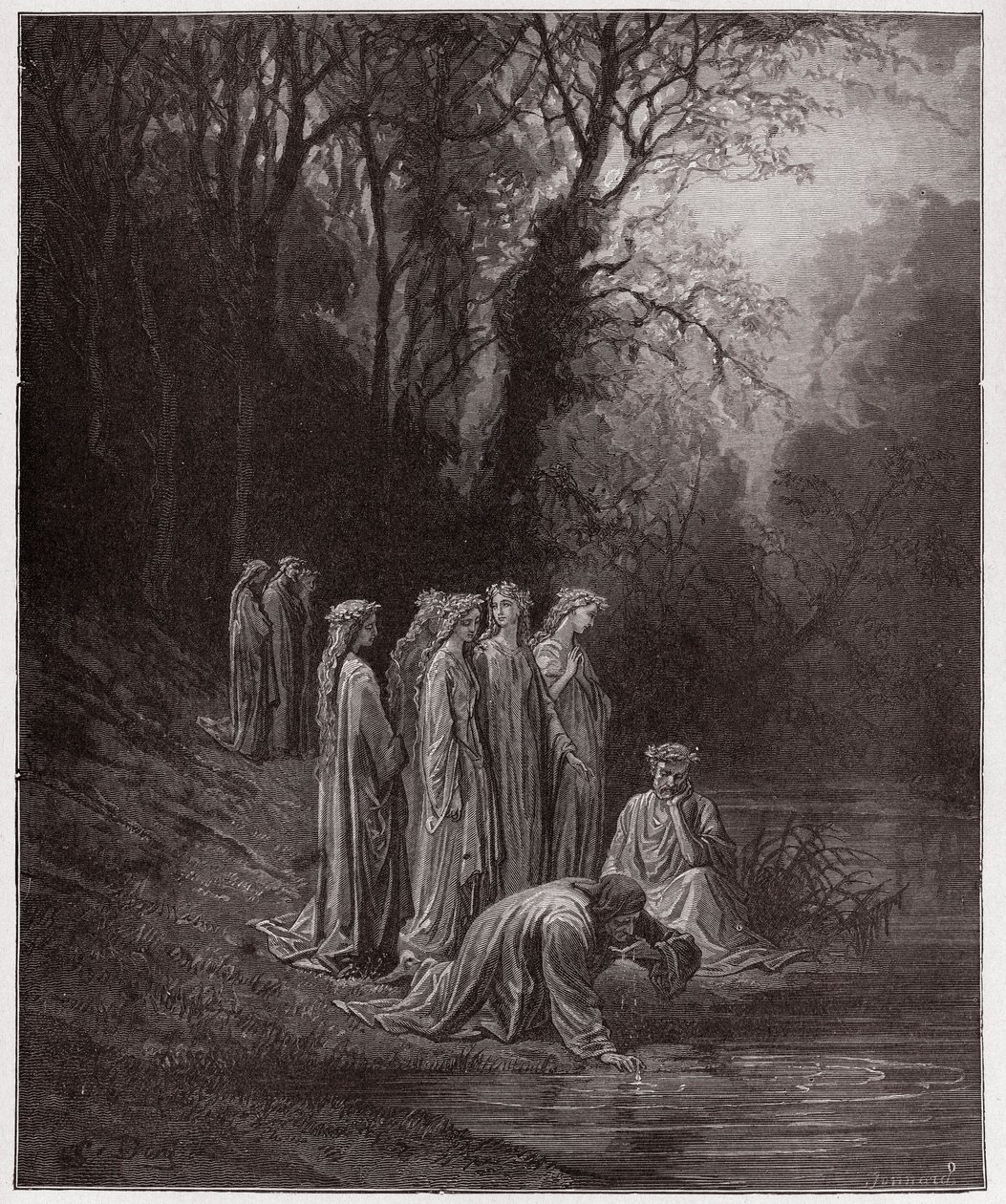 A Divina Comédia (La Divina Commedia, La Divina Comedie), Purgatorio, Canto 33: Dante drinks of the River Eunoe - de Dante Alighieri (1265-1321) - Ilustração de Gustave Dore (1832-1883) de Gustave Dore