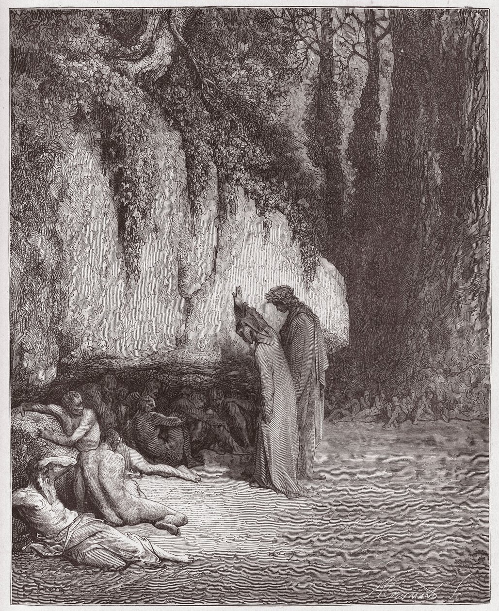 A Divina Comédia (La Divina Commedia, La Divina Comédia), Purgatorio, Canto 4: As almas indolentes ao lado da rocha - por Dante Alighieri (1265-1321) - Ilustração de Gustave Dore (1832-1883) de Gustave Dore