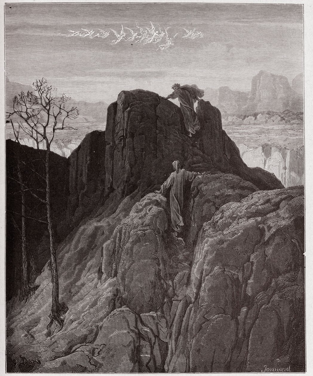 A Divina Comédia (La Divina Commedia, La Divina Comedie), Purgatorio, Canto 4: Virgil lidera Dante na escarpada montanha - por Dante Alighieri (1265-1321) - Ilustração de Gustave Dore (1832-1883) de Gustave Dore