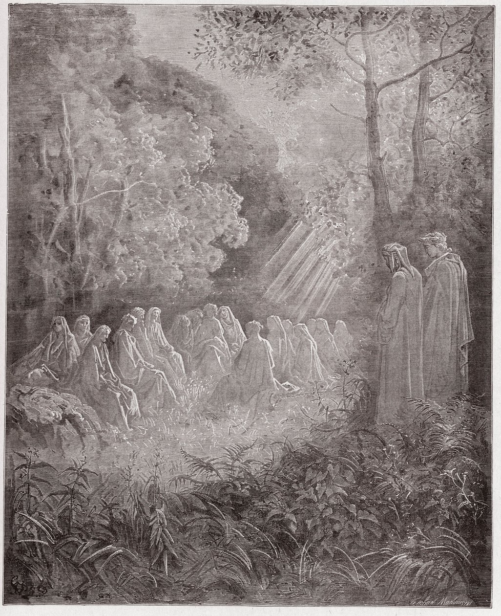 A Divina Comédia (La Divina Commedia, La Divina Comedie), Purgatorio, Canto 7: Os espíritos cantando Salve Regina no dell - de Dante Alighieri (1265-1321) - Ilustração de Gustave Dore (1832-1883) de Gustave Dore