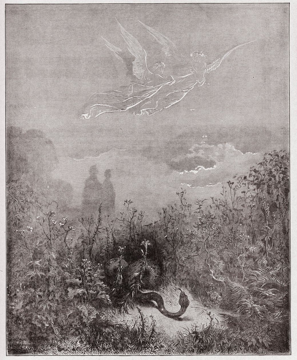 A Divina Comédia (La Divina Commedia, La Divina Comédia), Purgatorio, Canto 8: Os anjos afastam a serpente - por Dante Alighieri (1265-1321) - Ilustração de Gustave Dore (1832-1883) de Gustave Dore