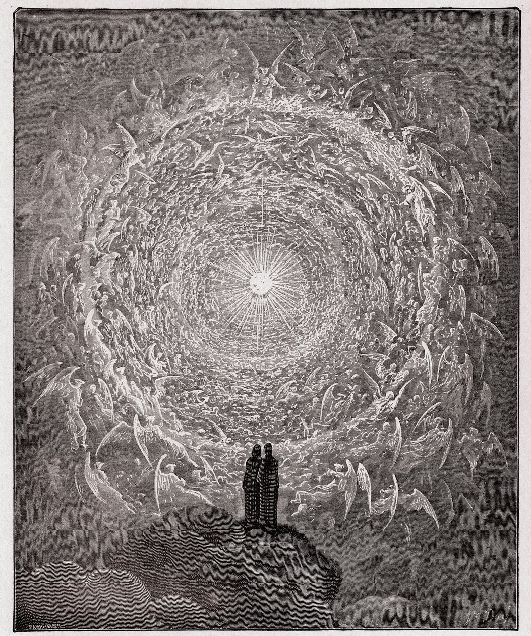 A Divina Comédia, Paradiso, Canto 31: A multidão santa forma uma rosa no empireano (rose celeste) - por Dante Alighieri (1265-1321) de Gustave Dore