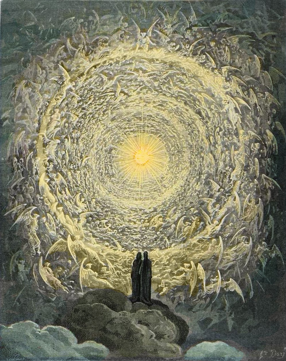 A Divina Comédia, Paradiso, Canto 31: A multidão santa forma uma rosa no empireano (rose celeste) - por Dante Alighieri (1265-1321) de Gustave Dore