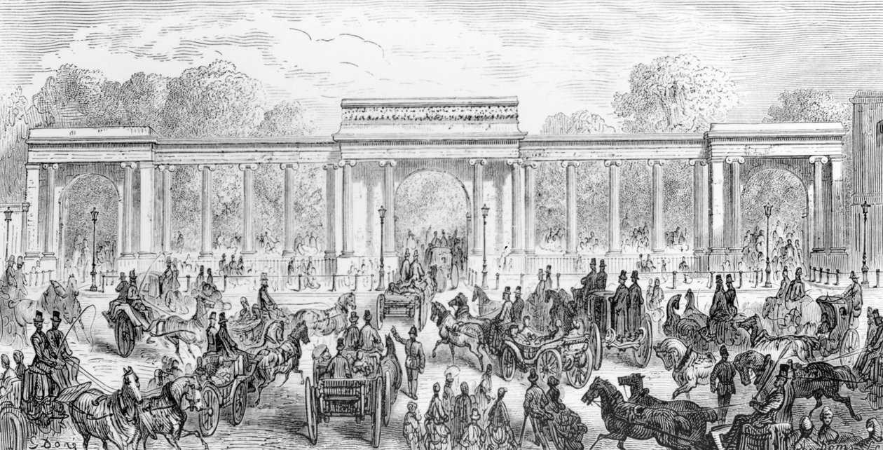 A entrada para Hyde Park, de &39;Londres, uma peregrinação&39;, escrita por William Blanchard Jerrolds, gravada por A. Doms, 1872 de Gustave Dore