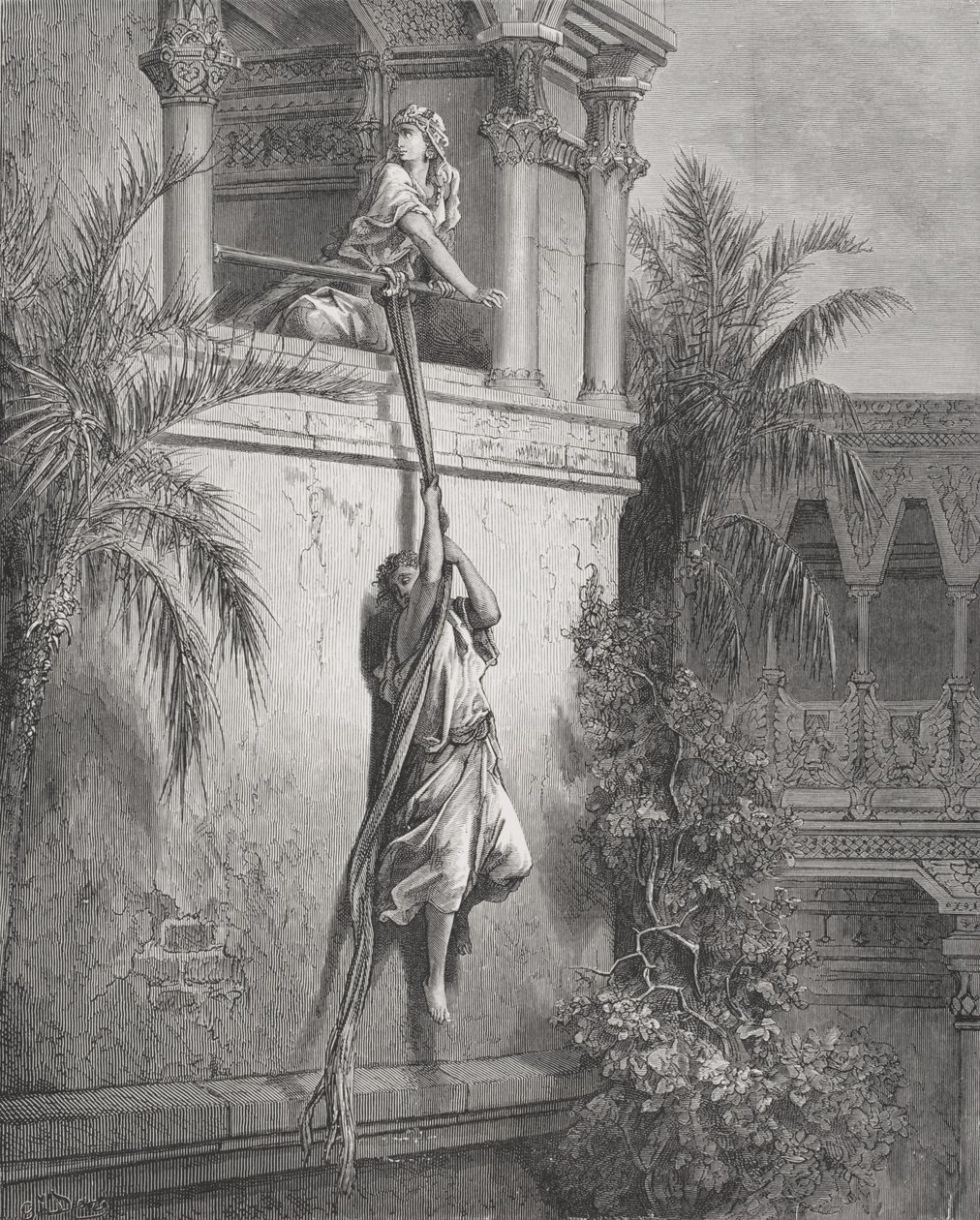A fuga de Davi através da janela, ilustração da "Bíblia Sagrada" de Dore, 1866 de Gustave Dore