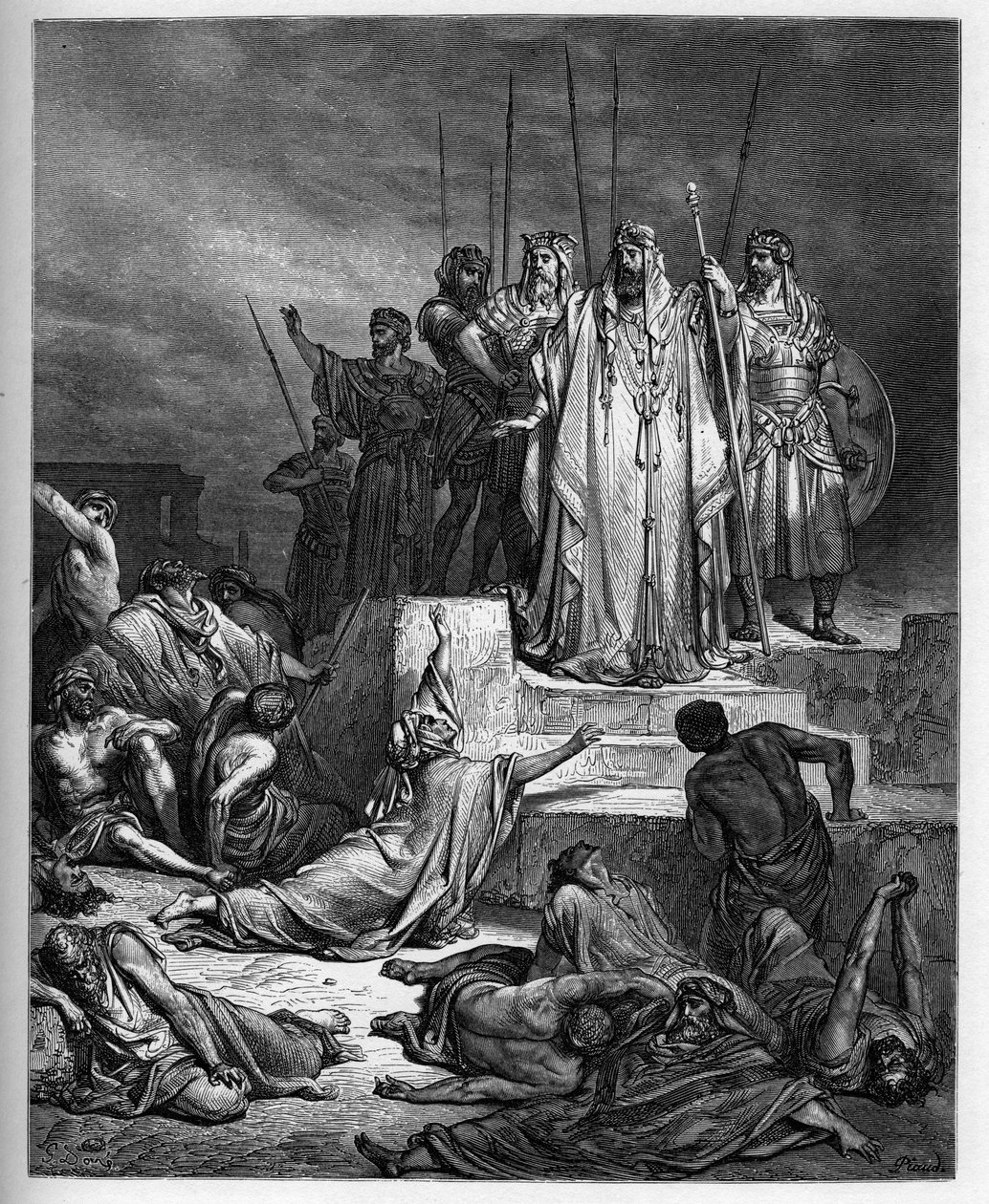 A Fome em Samaria - Antigo Testamento: O Cerco de Samaria. O Rei da Síria sitia a cidade de Samaria, e a reduz a uma terrível fome - - Gravura em "The Bible illustree" de Gustave Dore (1832-1883) - Gravura em "The Dore Bible". de Gustave Dore