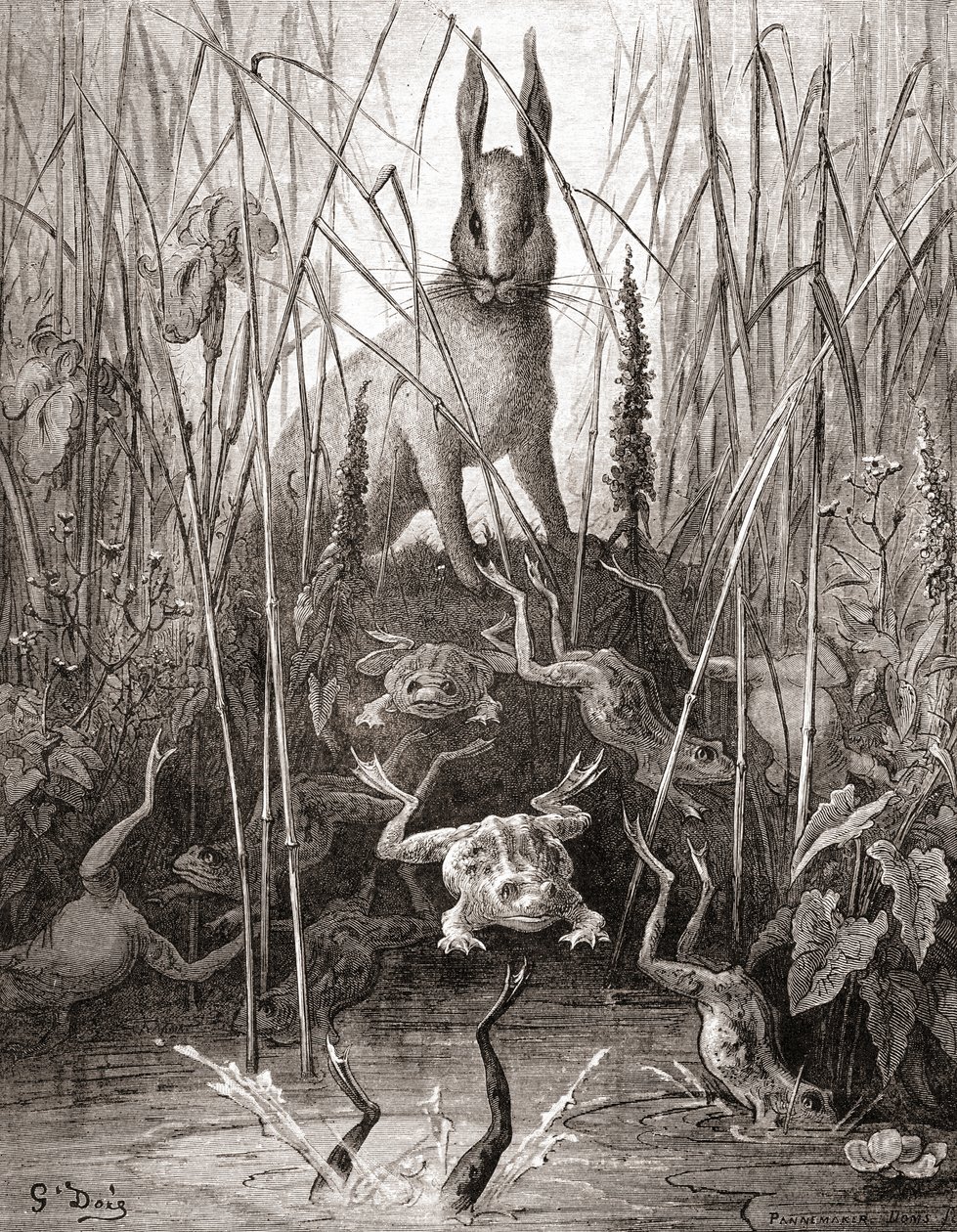 A lebre e os sapos, de uma edição do final do século XIX de Fables de La Fontaine (gravura em madeira) de Gustave Dore