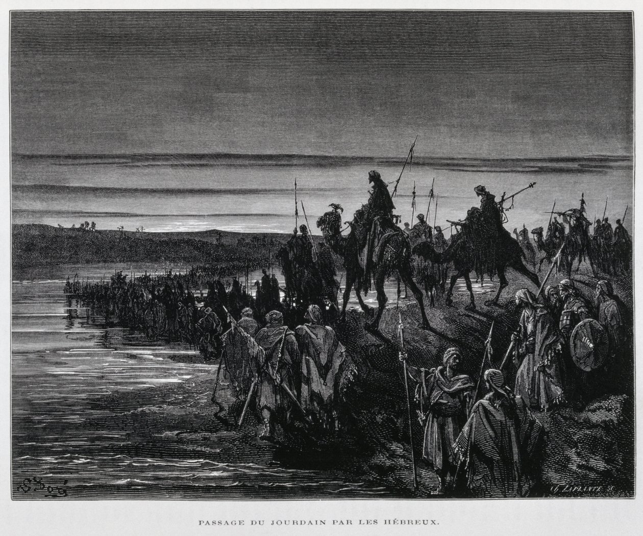 As tribos hebraicas entram em Canaã pelo rio Jordão, Ilustração da Bíblia de Dore de Gustave Dore