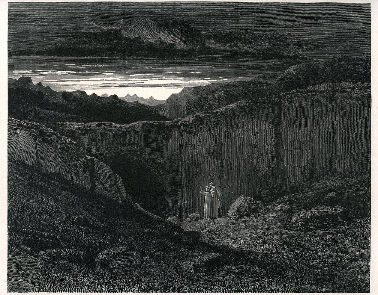 O Inferno de Dante Alighieri (a Divina Comédia) ilustrado por Gustave Dore. Edição francesa de 1861. Dante e Virgílio à entrada do Inferno: "Lasciate ogni speranza, voi che 