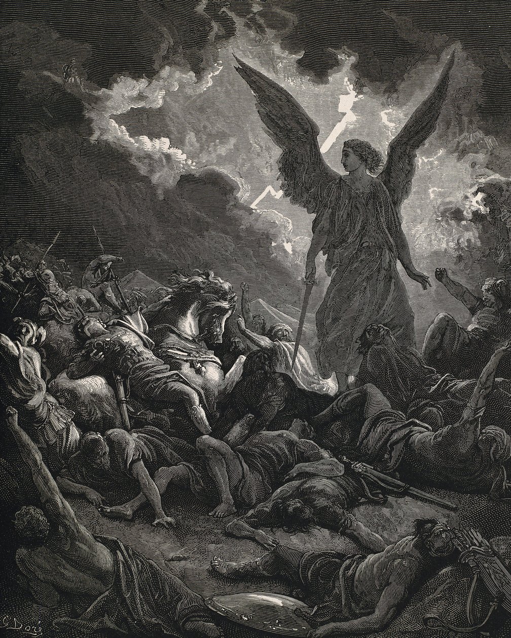 A Bíblia Sagrada. 1866. SENNACHERIBE (705-681 BC). Rei da Assíria (705-681 a.C.). Anjo de Yahweh do exército de Sennacherib. Gravura de Gustave Dore