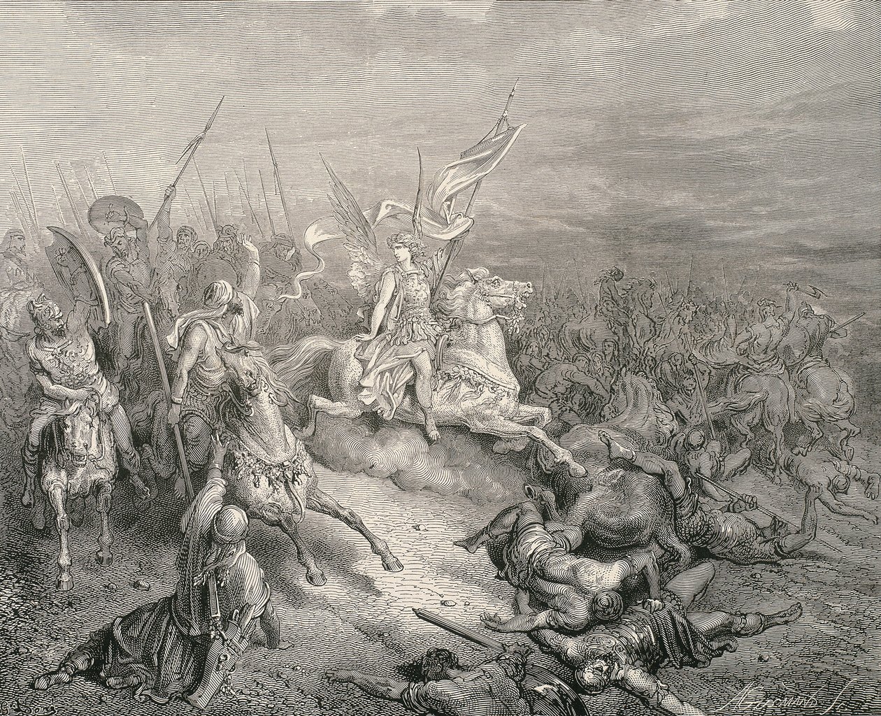 A Bíblia Sagrada. 1866. O anjo dos Macabeus. Gravura de Gustave Dore