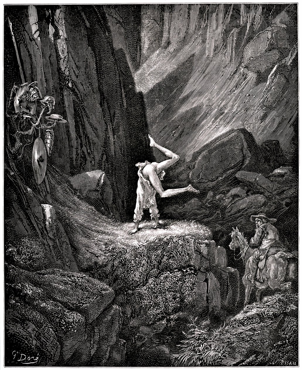 O Engenhoso Hidalgo Dom Quixote de la Mancha (Quixotte - Quijote) de Miguel de Cervantes (1547-1616): o cavaleiro manda fazer cabriolas à triste figura "pondo a nu certas coisas que Sancho, para as não ver, se apressa a dar meia volta, satisfeito de de Gustave Dore