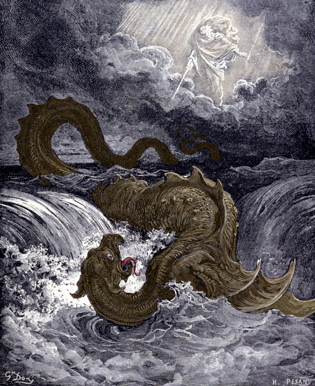 O Leviatã, monstro marinho parecido com a cobra marinha referida na Bíblia. Ilustrações da Bíblia de Gustave Dore. Gravura do século XIX. de Gustave Dore