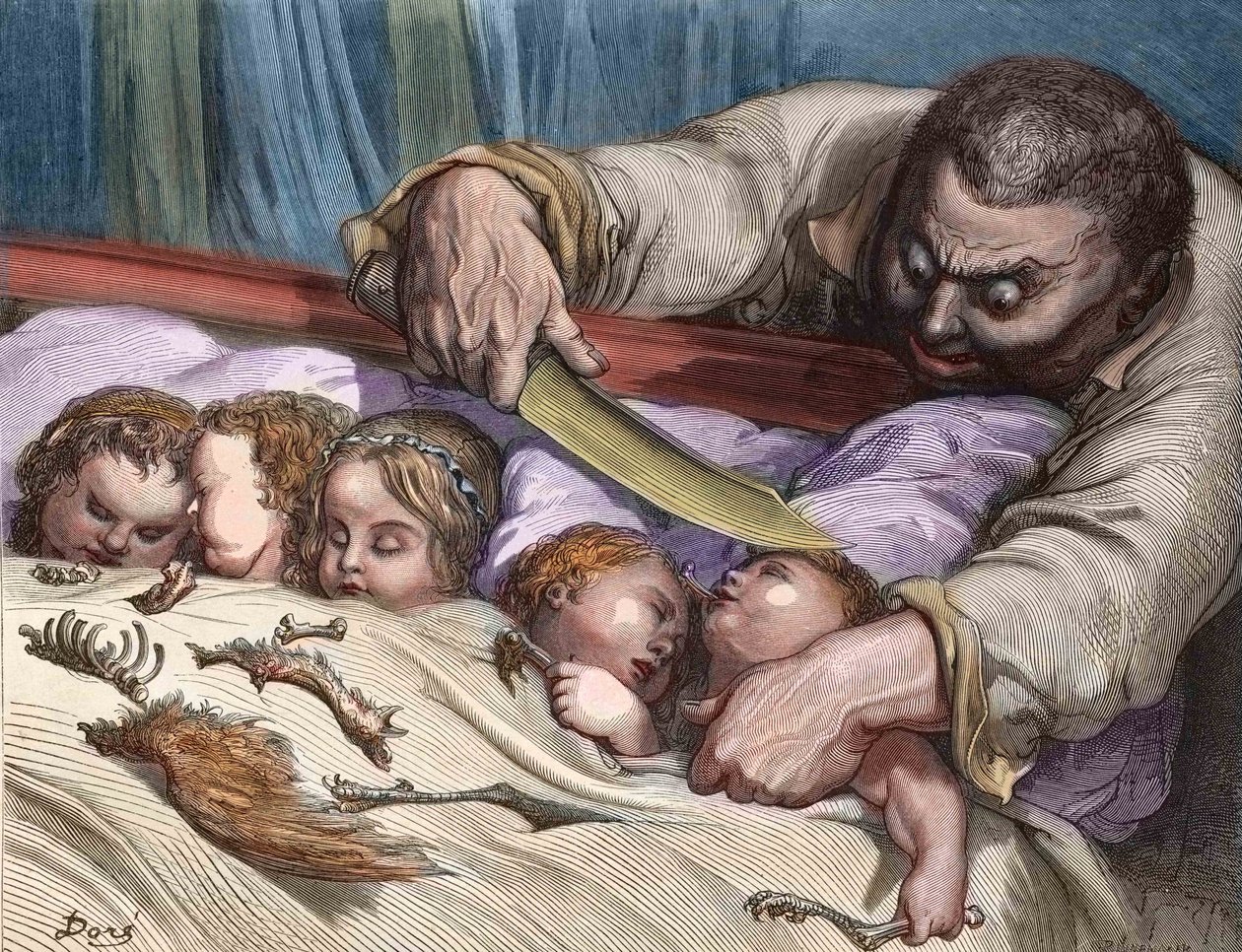 O Pequeno Polegar de Charles Parrault (escritor francês) O Gigante Corta a garganta das suas filhas sem hesitar (gravura) de Gustave Dore