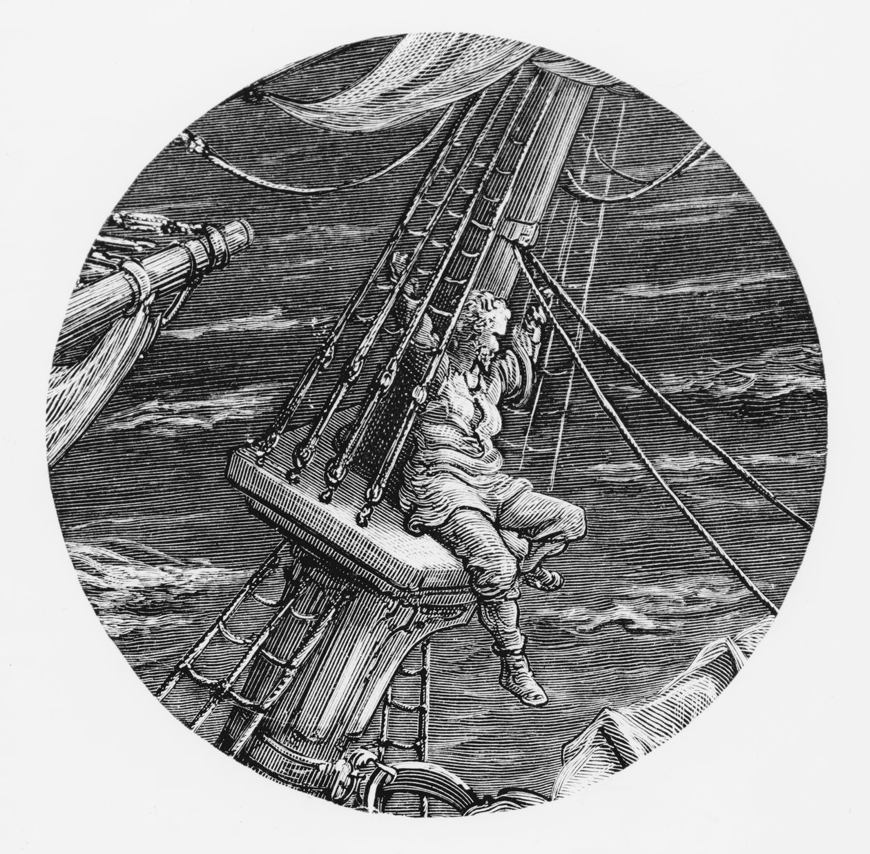 O Mariner no alto da popa do navio, cena de "O Rime do Marinheiro Antigo" por ST Coleridge, publicado pela Harper und Brothers, Nova York, 1876 (gravura em madeira) de Gustave Dore