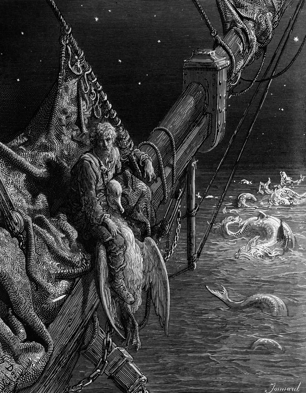 O Marinheiro olha para as serpentes no oceano, cena de "O Rime of the Ancient Mariner" por ST Coleridge, publicado pela Harper und Brothers, Nova York, 1876 (gravura em madeira) de Gustave Dore